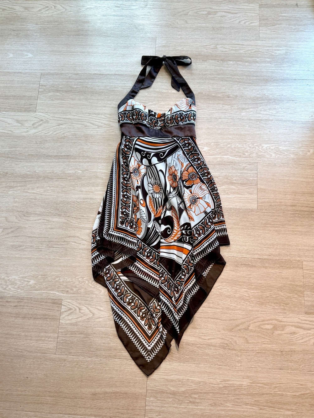 Three Pink Hearts Trixxi Halter Dress Brown Orange Asym Hem Boho Chiffon Sz 3